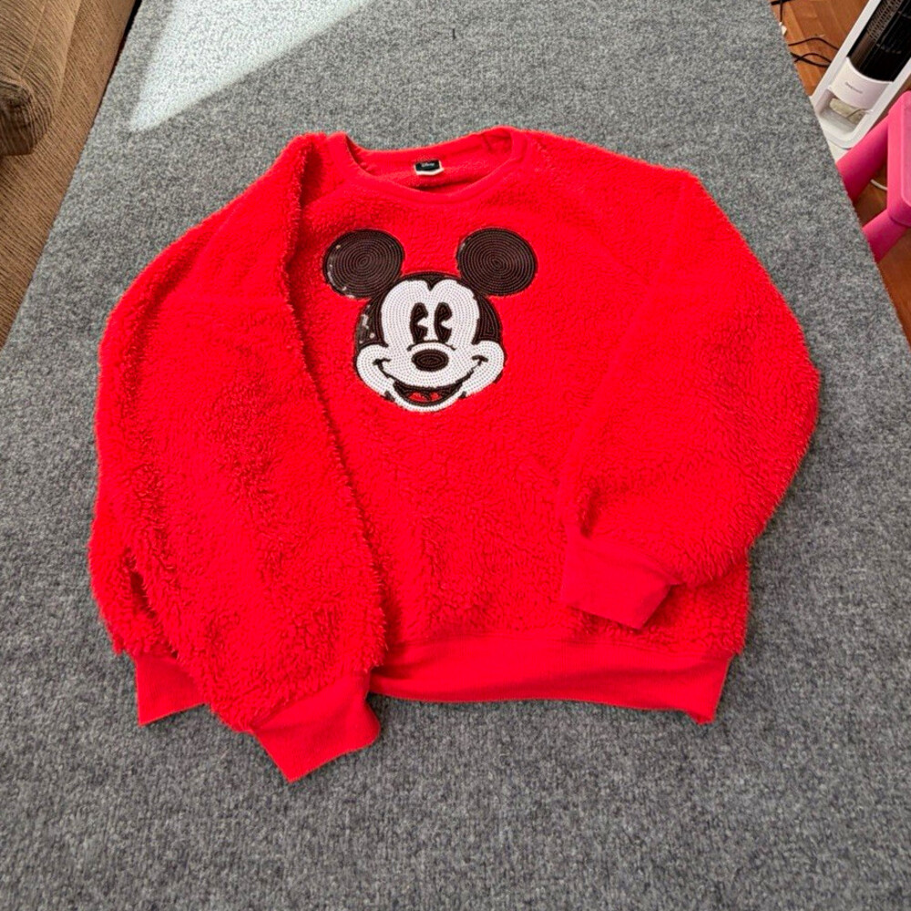 Disney Mickey Mouse Graphic Sweatshirt Kids L Red Fleece Crewneck Sequin